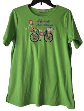 NWT Quacker Factory Green Graphic Tee "Life is all about Balance" Size S